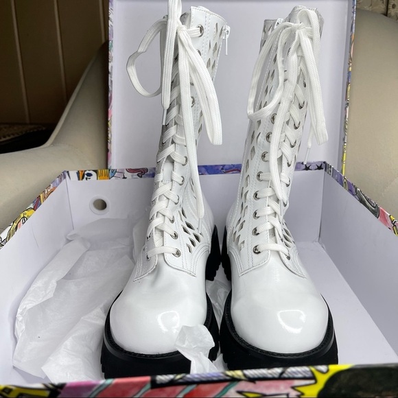 New! Jeffrey Campbell White Leather Lace Up Chunky Moto Combat Boots Boot Sz 9 - Picture 3 of 6